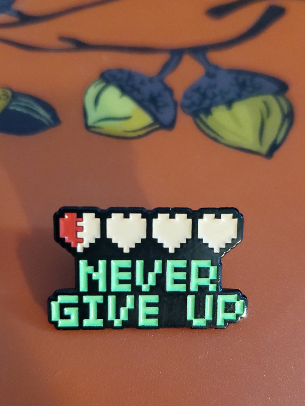 Never Give Up Enamel Pin - Pixel Heart Design